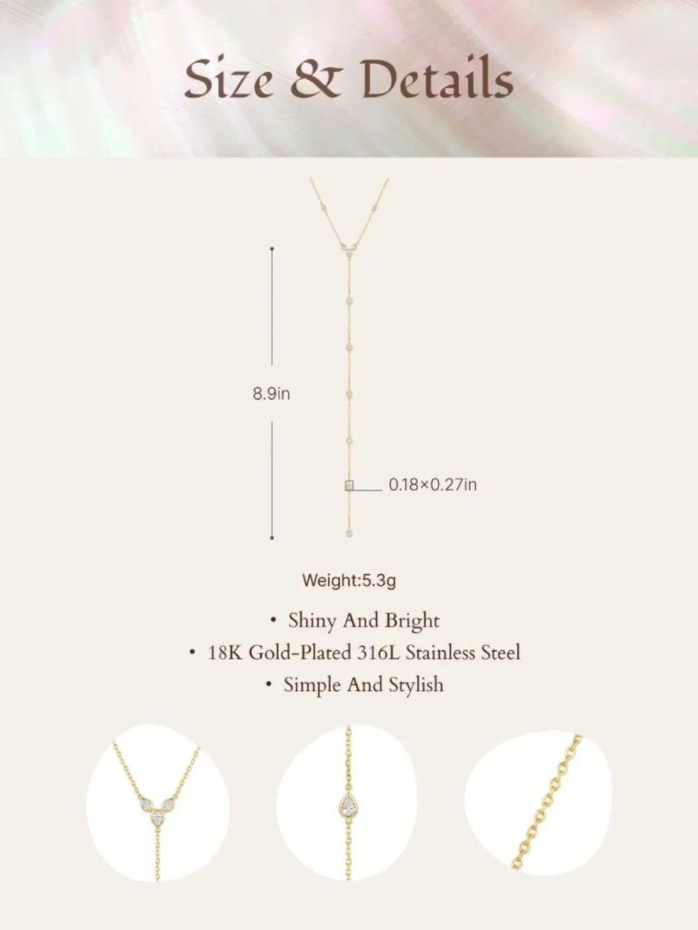 Dainty Gold Lariat Necklace - Waterproof Long Drop Chain with Cubic Zirconia